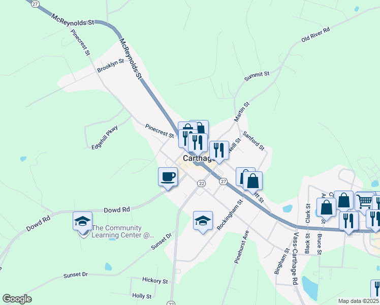 map of restaurants, bars, coffee shops, grocery stores, and more near Courthouse Square in Carthage