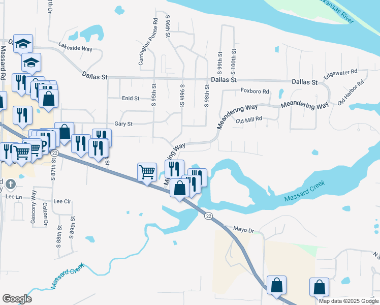 map of restaurants, bars, coffee shops, grocery stores, and more near 9608 Meandering Way in Fort Smith