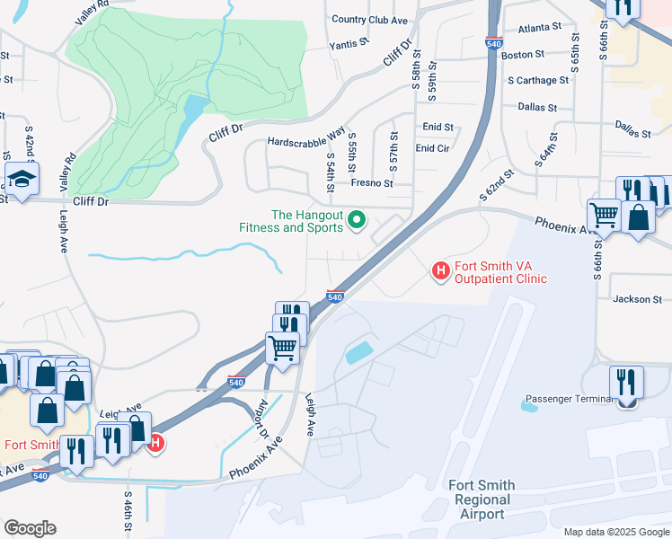 map of restaurants, bars, coffee shops, grocery stores, and more near 3705 Heather Ridge Court in Fort Smith