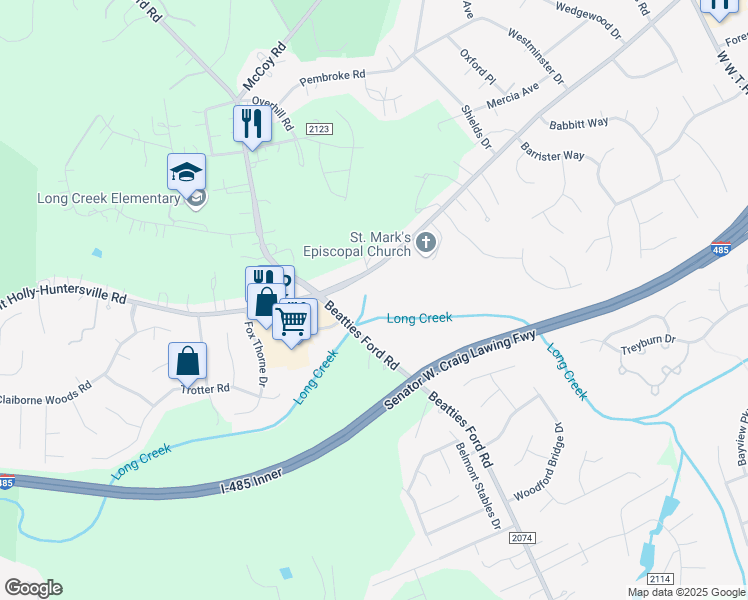 map of restaurants, bars, coffee shops, grocery stores, and more near 8400 Mount Holly-Huntersville Road in Huntersville