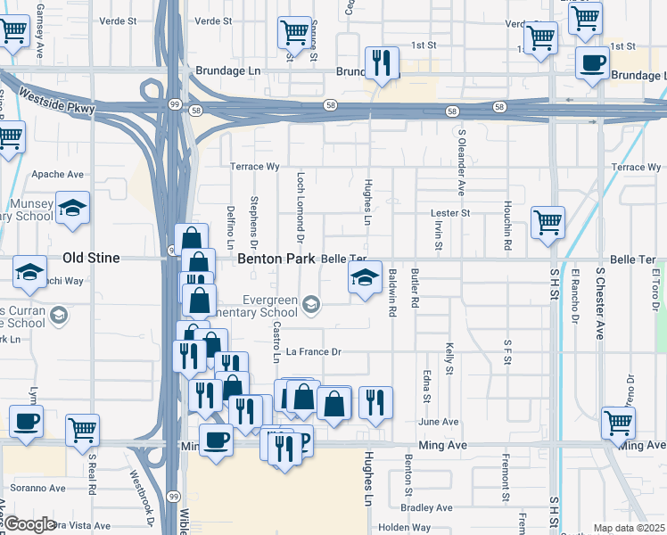 map of restaurants, bars, coffee shops, grocery stores, and more near 915 Paloma Street in Bakersfield