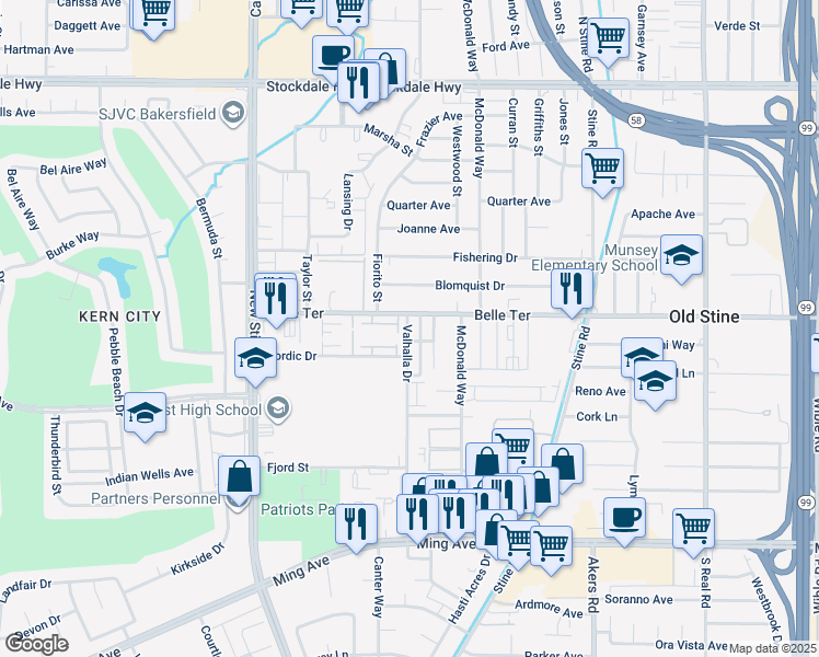 map of restaurants, bars, coffee shops, grocery stores, and more near 1000 Valhalla Drive in Bakersfield