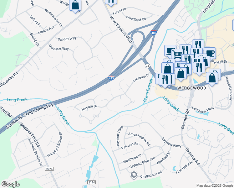 map of restaurants, bars, coffee shops, grocery stores, and more near 9234 Rotherham Lane in Charlotte