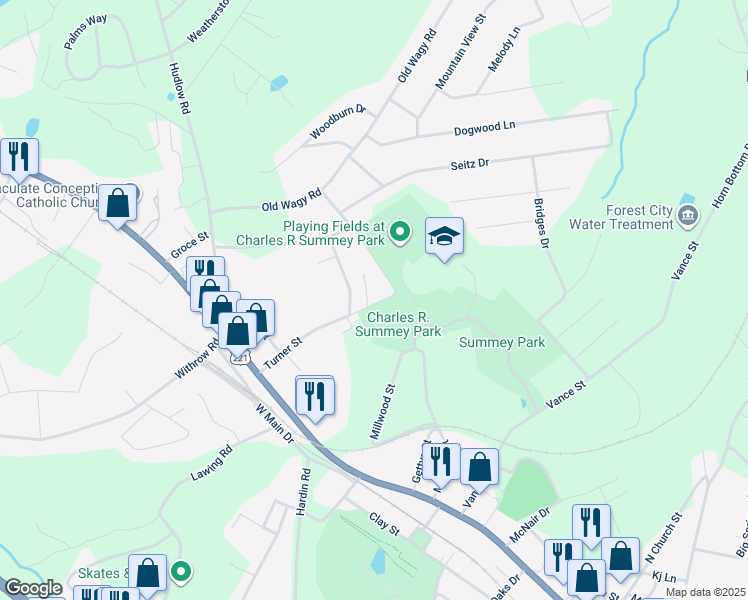 map of restaurants, bars, coffee shops, grocery stores, and more near 277 Turner Street in Forest City