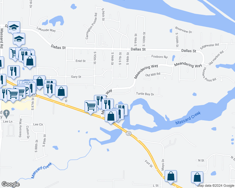 map of restaurants, bars, coffee shops, grocery stores, and more near 9608 Meandering Way in Fort Smith