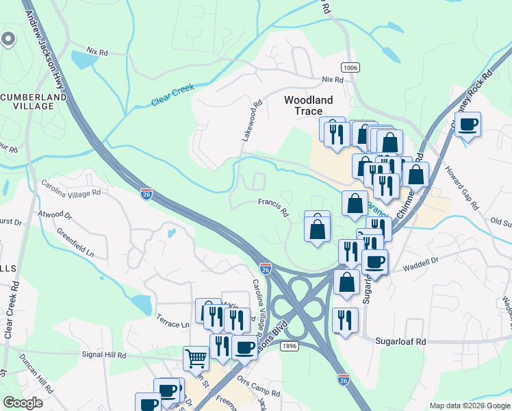 map of restaurants, bars, coffee shops, grocery stores, and more near 129 Francis Road in Hendersonville