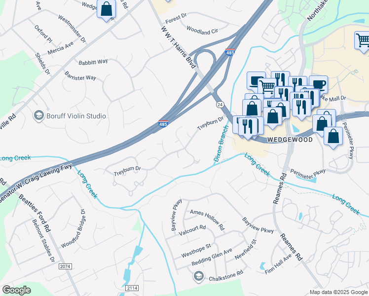 map of restaurants, bars, coffee shops, grocery stores, and more near Treyburn Dr & Kimmel Ln in Charlotte