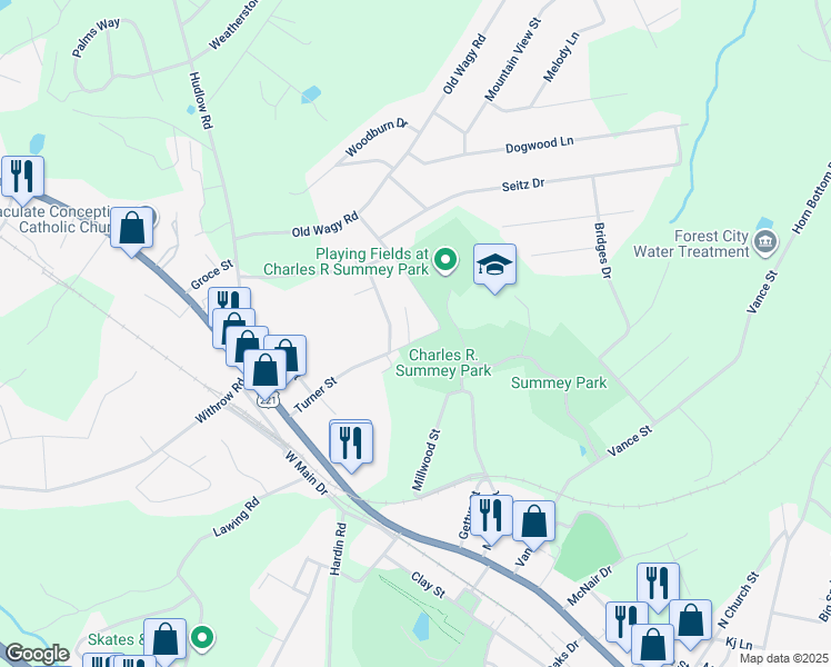 map of restaurants, bars, coffee shops, grocery stores, and more near 277 Turner Street in Forest City