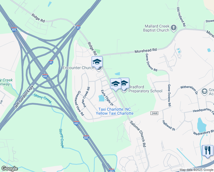 map of restaurants, bars, coffee shops, grocery stores, and more near 14229 Waterfowl Lane in Charlotte
