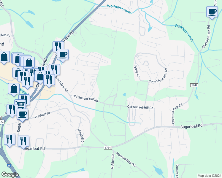 map of restaurants, bars, coffee shops, grocery stores, and more near 120 Nettie Way in Hendersonville