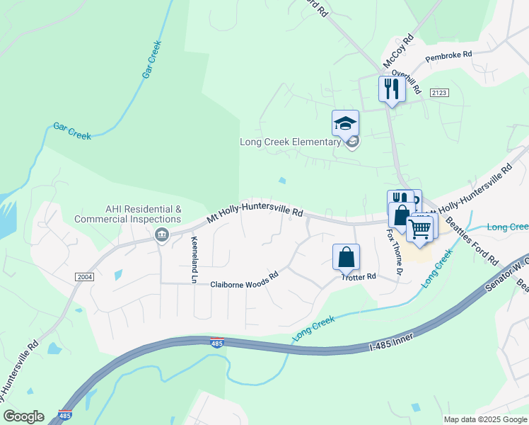 map of restaurants, bars, coffee shops, grocery stores, and more near 7648 Mount Holly-Huntersville Road in Charlotte