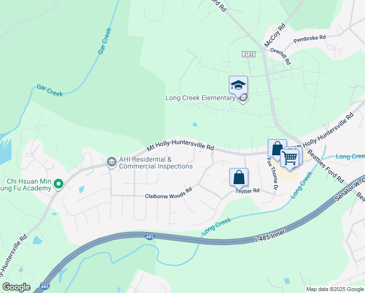 map of restaurants, bars, coffee shops, grocery stores, and more near 7648 Mount Holly-Huntersville Road in Charlotte