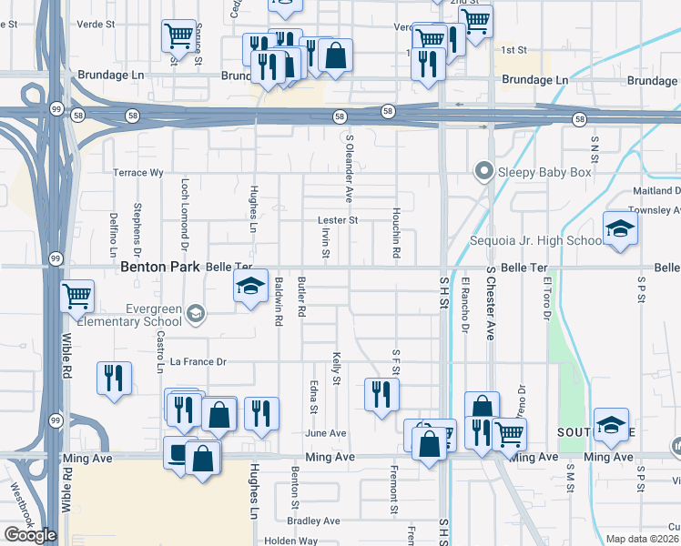 map of restaurants, bars, coffee shops, grocery stores, and more near 2118 Shamrock Way in Bakersfield