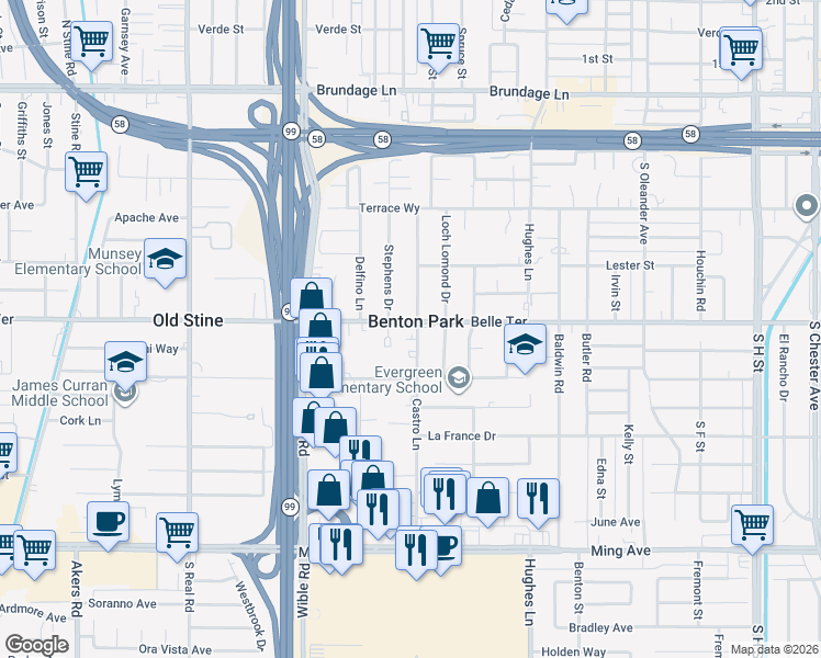 map of restaurants, bars, coffee shops, grocery stores, and more near 905 Castro Lane in Bakersfield