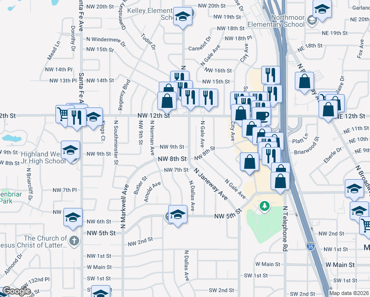 map of restaurants, bars, coffee shops, grocery stores, and more near 901 North Janeway Avenue in Moore