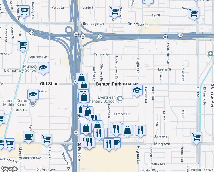 map of restaurants, bars, coffee shops, grocery stores, and more near 905 Castro Lane in Bakersfield