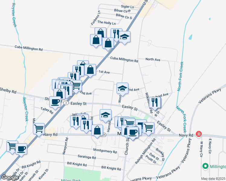 map of restaurants, bars, coffee shops, grocery stores, and more near 8057 Chambers Street in Millington