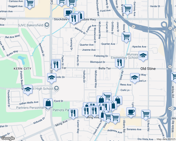 map of restaurants, bars, coffee shops, grocery stores, and more near 1000 Valhalla Drive in Bakersfield