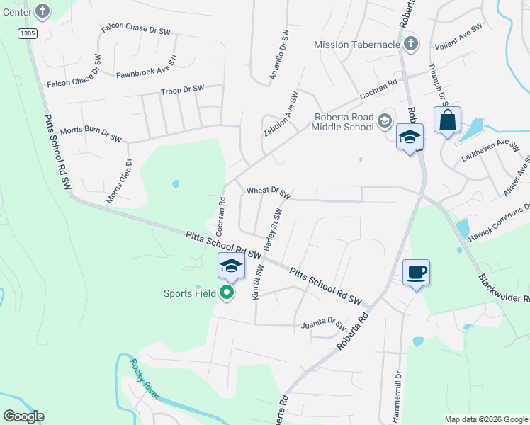 map of restaurants, bars, coffee shops, grocery stores, and more near 4266 Barley Street Southwest in Concord