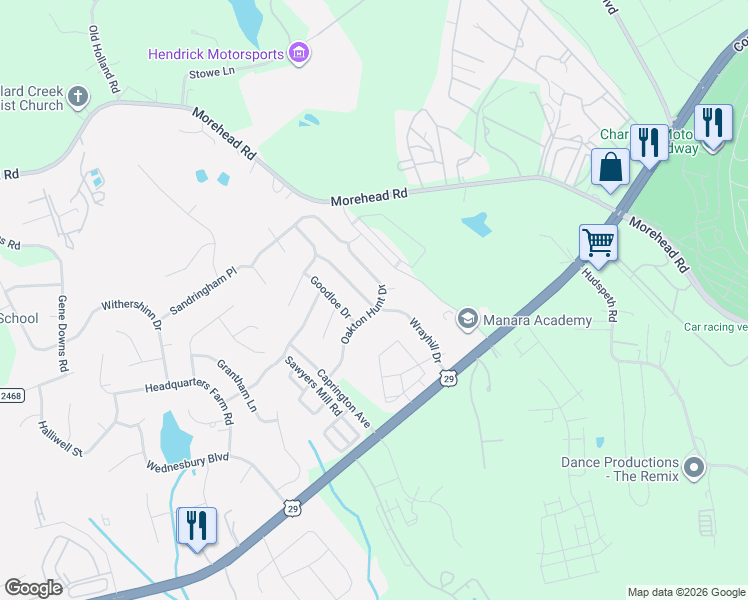map of restaurants, bars, coffee shops, grocery stores, and more near 12541 Oakton Hunt Drive in Charlotte