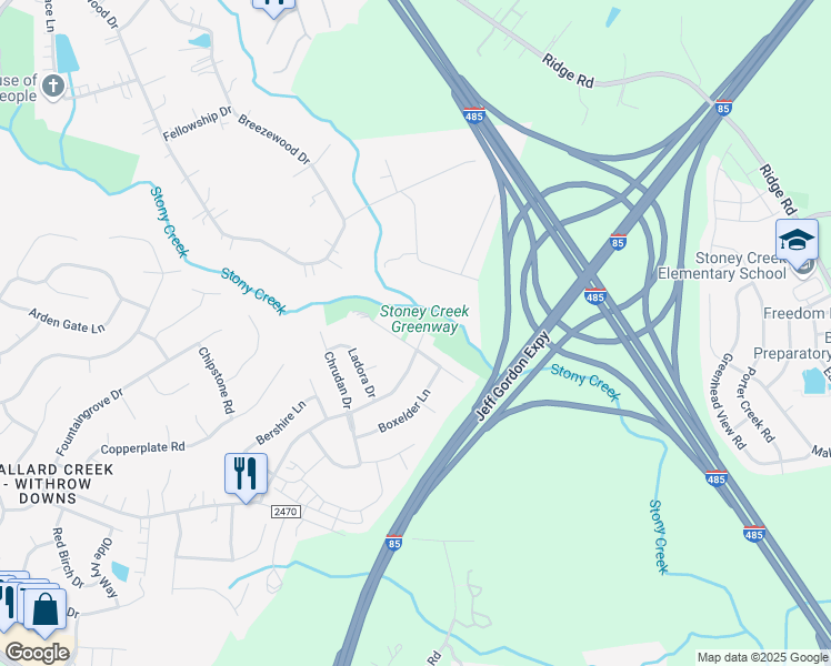 map of restaurants, bars, coffee shops, grocery stores, and more near 13731 Purple Bloom Lane in Charlotte