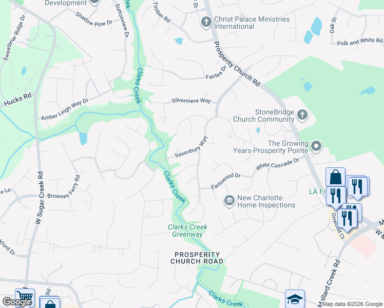 map of restaurants, bars, coffee shops, grocery stores, and more near 9801 Kent Village Drive in Charlotte