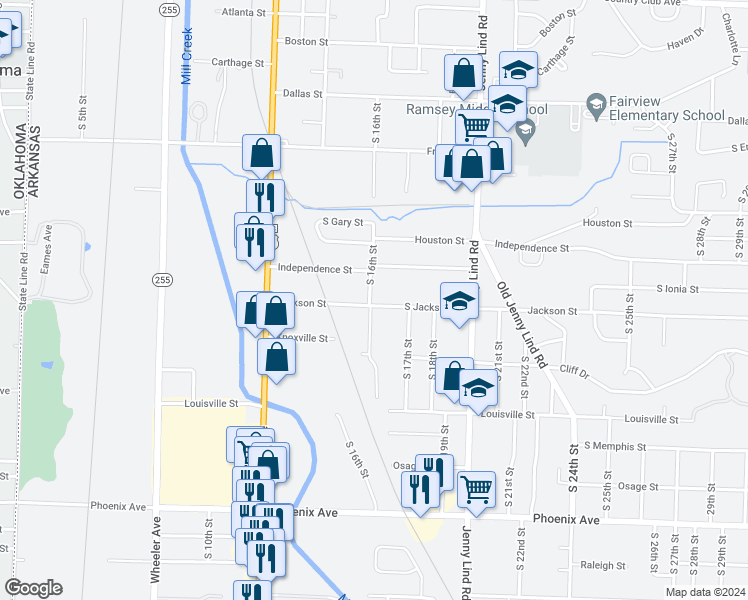 map of restaurants, bars, coffee shops, grocery stores, and more near 1604 South Jackson Street in Fort Smith