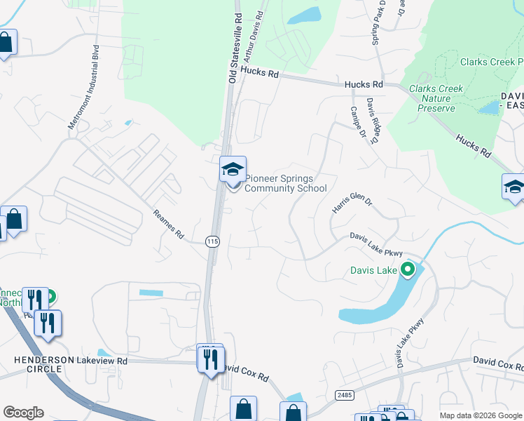 map of restaurants, bars, coffee shops, grocery stores, and more near 4723 Bridle Ridge Lane in Charlotte