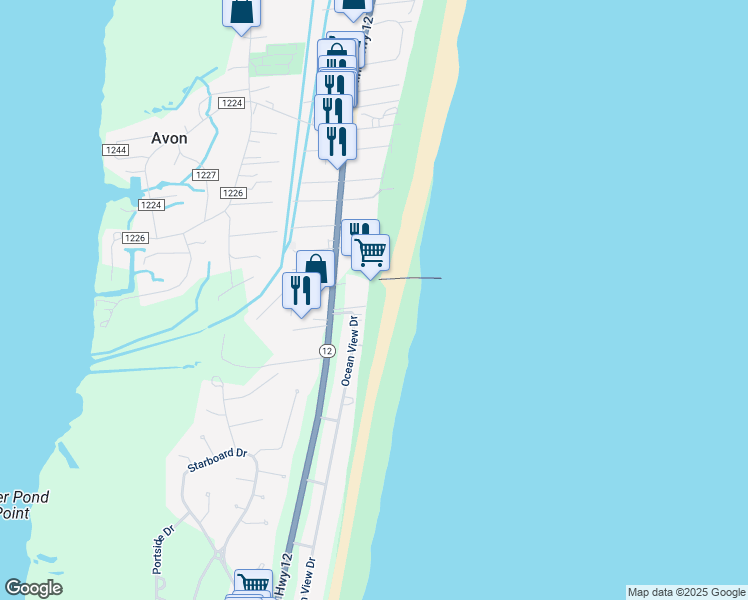 map of restaurants, bars, coffee shops, grocery stores, and more near 41057 Ocean View Drive in Avon
