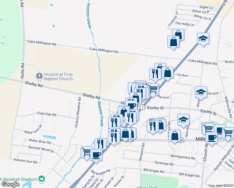 map of restaurants, bars, coffee shops, grocery stores, and more near 4591 Shelby Road in Millington