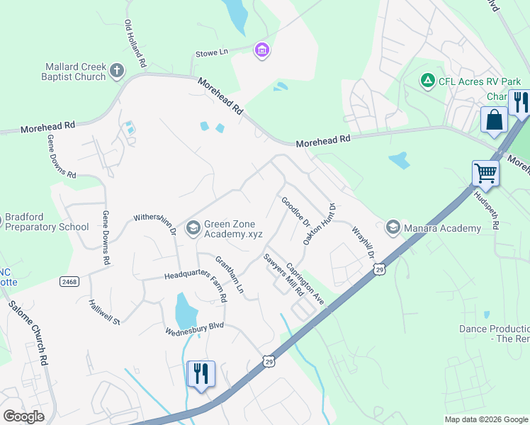 map of restaurants, bars, coffee shops, grocery stores, and more near 12417 Clackwyck Lane in Charlotte