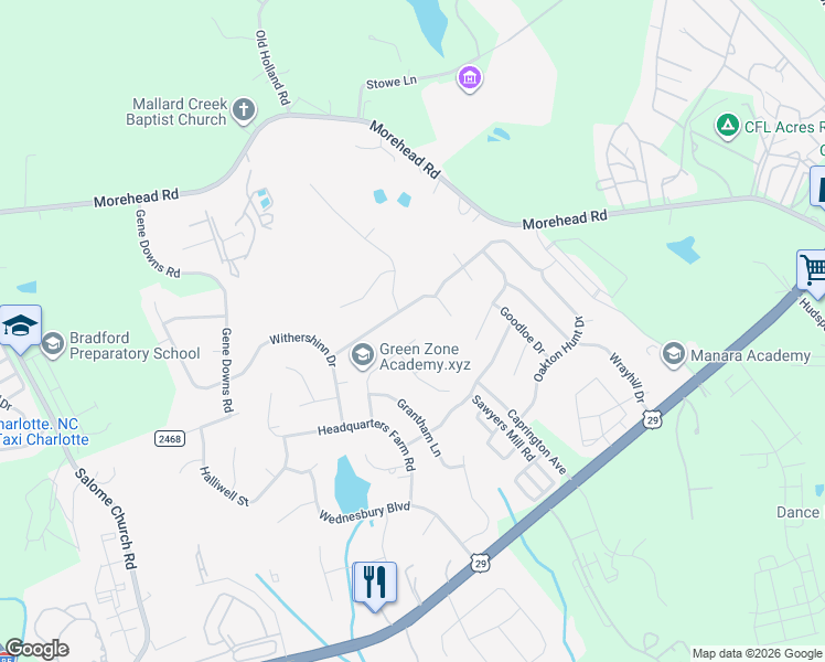 map of restaurants, bars, coffee shops, grocery stores, and more near 12306 Westbury Glen Court in Charlotte