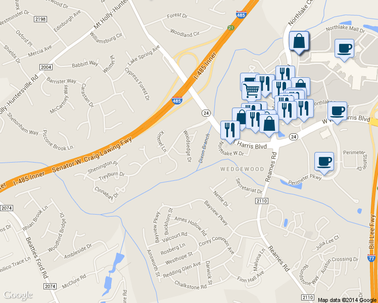 map of restaurants, bars, coffee shops, grocery stores, and more near 8415 Brooksedge Drive in Charlotte