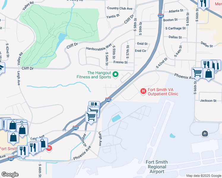 map of restaurants, bars, coffee shops, grocery stores, and more near 5408 Heather Ridge Street in Fort Smith