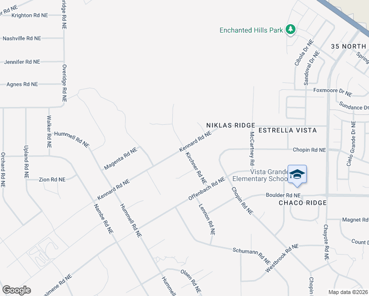 map of restaurants, bars, coffee shops, grocery stores, and more near Kirchner Road Northeast in Rio Rancho