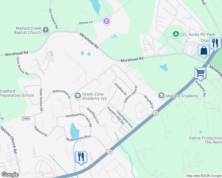 map of restaurants, bars, coffee shops, grocery stores, and more near 15120 Oldcorn Lane in Charlotte