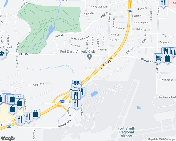 map of restaurants, bars, coffee shops, grocery stores, and more near 3701 Heather Ridge Court in Fort Smith
