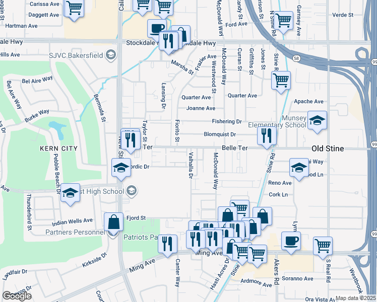 map of restaurants, bars, coffee shops, grocery stores, and more near 1000 Valhalla Drive in Bakersfield