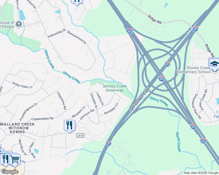map of restaurants, bars, coffee shops, grocery stores, and more near 13731 Purple Bloom Lane in Charlotte
