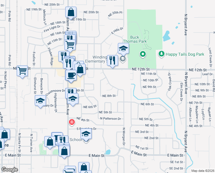 map of restaurants, bars, coffee shops, grocery stores, and more near 1104 Northeast 10th Court in Moore