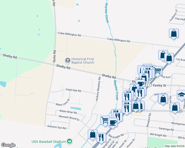 map of restaurants, bars, coffee shops, grocery stores, and more near 4436 Shelby Road in Millington