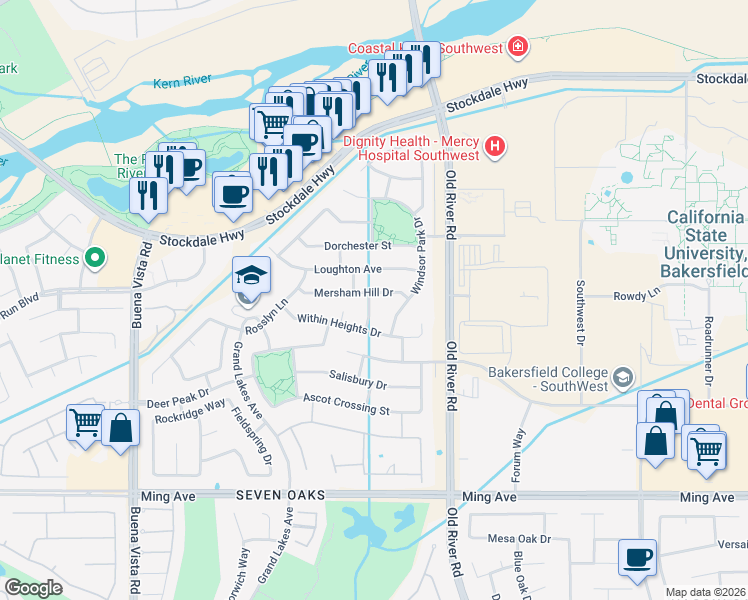 map of restaurants, bars, coffee shops, grocery stores, and more near 10315 Mersham Hill Drive in Bakersfield