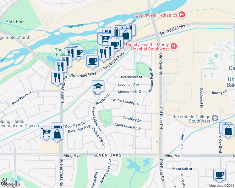 map of restaurants, bars, coffee shops, grocery stores, and more near 10605 Mersham Hill Drive in Bakersfield