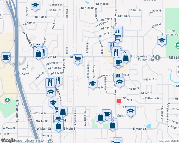 map of restaurants, bars, coffee shops, grocery stores, and more near 1120 Elmhurst Street in Moore