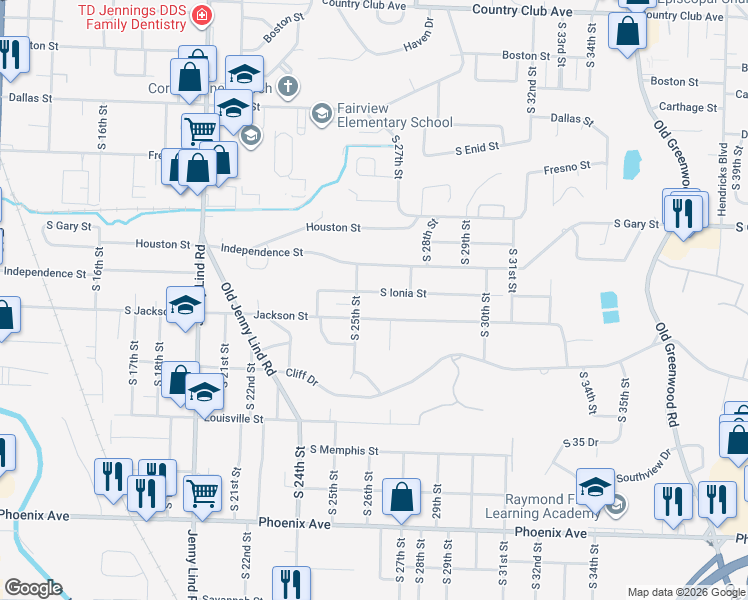 map of restaurants, bars, coffee shops, grocery stores, and more near 2705 Jackson Street in Fort Smith
