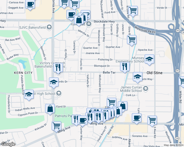map of restaurants, bars, coffee shops, grocery stores, and more near 901 Nimrod Court in Bakersfield