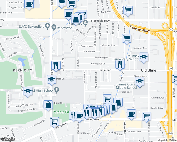 map of restaurants, bars, coffee shops, grocery stores, and more near 901 Nimrod Court in Bakersfield