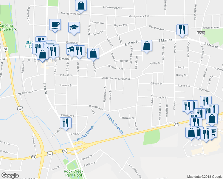 map of restaurants, bars, coffee shops, grocery stores, and more near 451 Davis Street in Albemarle