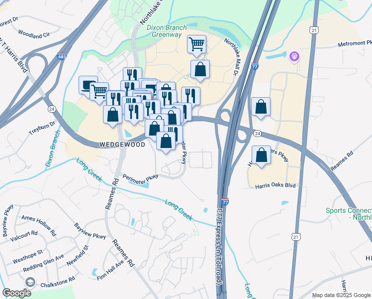 map of restaurants, bars, coffee shops, grocery stores, and more near 10128 Perimeter Parkway in Charlotte