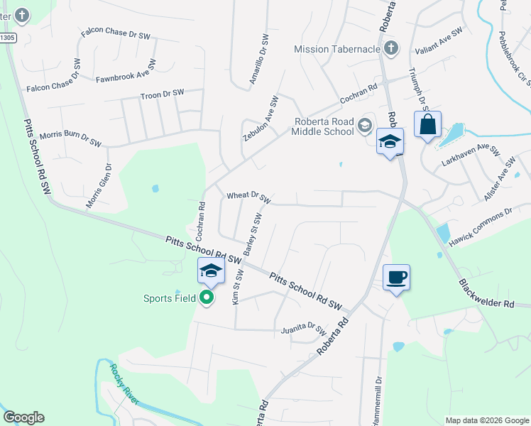map of restaurants, bars, coffee shops, grocery stores, and more near 4873 Keeneland Place Southwest in Concord